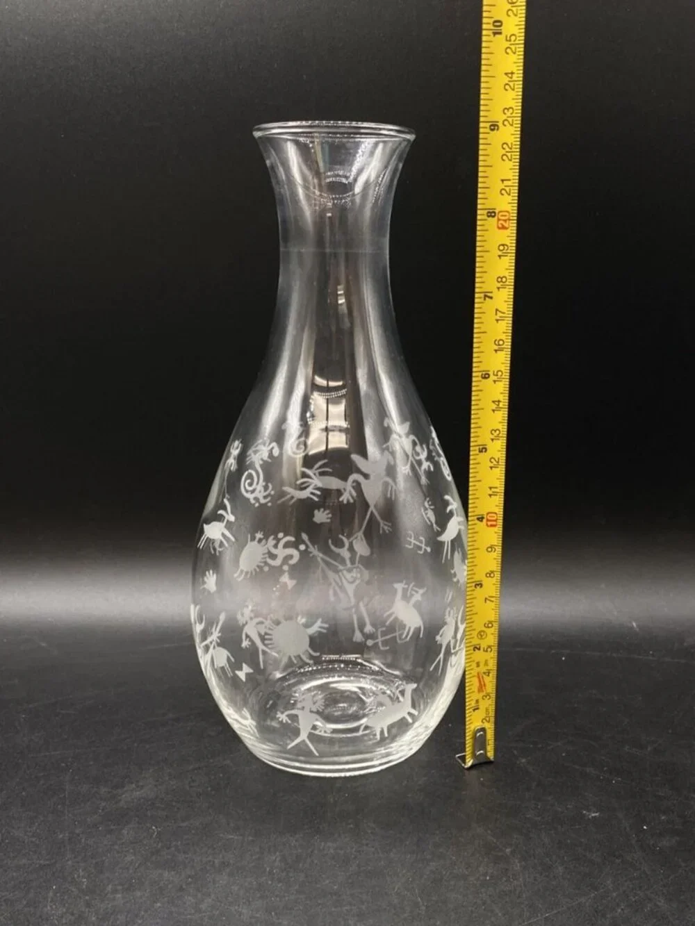 Etched Petroglyph Cave Drawings Clear 9” Tall Wine Carafe